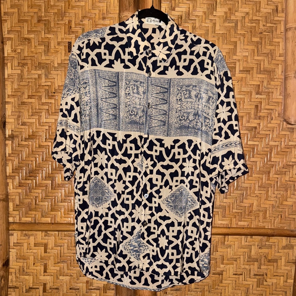 Vintage silk Messori Navy and White Patterned floral Button-Up Shirt